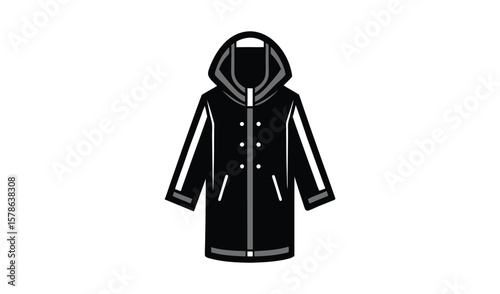 Simple black hooded raincoat with zipper and buttons isolated on white background