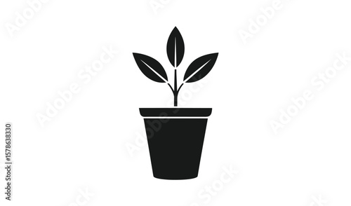Simple black silhouette of a young plant growing in a pot