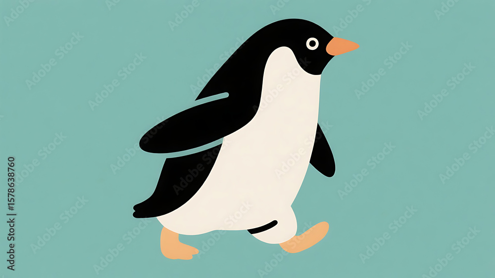 Obraz premium Cute Ad?lie penguin walking on light teal background, minimalist cartoon illustration of Antarctic bird, simple flat design, wildlife animal graphic