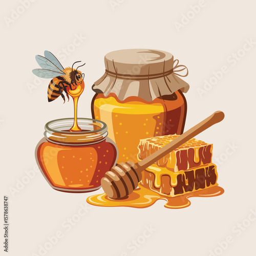 Happy bee enjoying a drip of honey from a spoon with jars and honeycomb