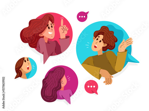 Group of young people having a video conference online, vector illustration of online conversation and brainstorming, business and work or webinar.