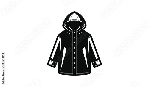 Classic black raincoat with hood and button closure isolated on white background