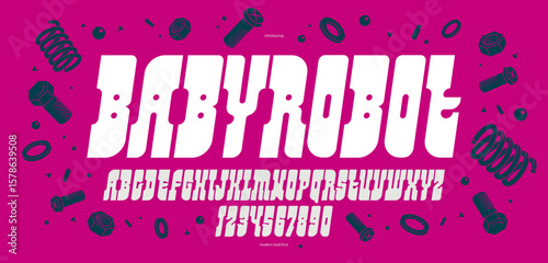 Logo typography minimal geometric display font, vector typeface in robotic futuristic comic cartoon style, alphabet letters and numbers typography for posters and headlines, italic version.