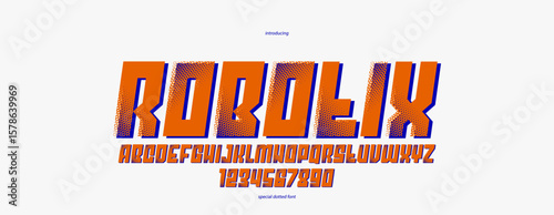 Halftone dotted futuristic cyberpunk font for logos and posters, vector brutal industrial typeface alphabet letters and numbers, urban technic future typography, italic version.