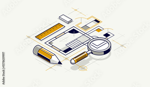 Engineer at work concept, engineering job, paper document blueprint engineering vector 3D isometric illustration, abstract draft drawing, cad technical plan.
