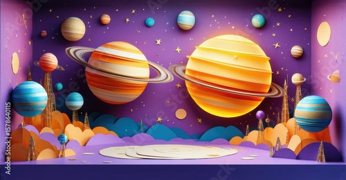Colorful papercraft scene depicts planets, stars, mountains. Whimsical space landscape, vibrant hues, creative design.