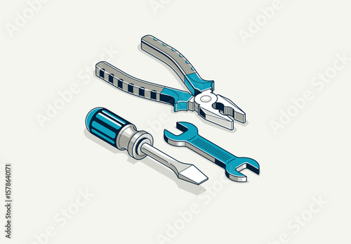 Repair and maintenance concept, technics service, tools in 3D isometric projection vector illustration, technical mechanical workshop.