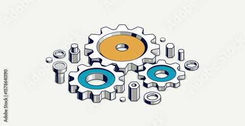 Industry and manufacturing concept, gears and cogs composition isometric 3D vector illustration, cogwheels system technology and technics machinery engine.