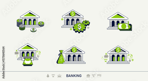 Banking vector detailed icons set, bank building and cash money, deposit and credit, online banking, personal account.