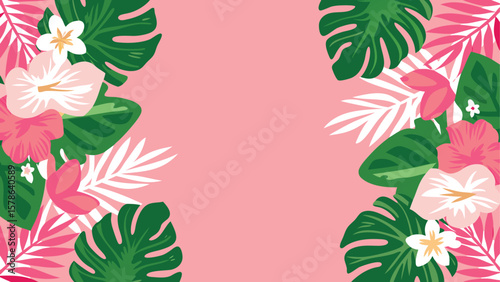 Tropical floral arrangement with pink hibiscus and monstera leaves on pink background for summer vibes