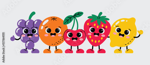Cute cartoon fruits characters smiling and waving on a light grey background