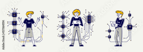 Electronic repair circuit boards computer hardware engineer doing job, vector illustration set of young person working with motherboard and processors, electronic technology.