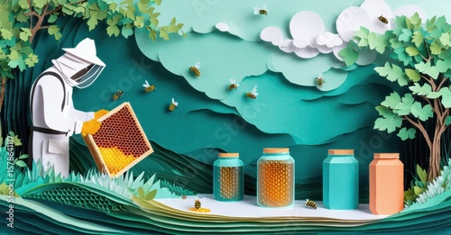 Papercraft depicts beekeeper, honeycomb, jars. Bees fly around lush green landscape. Sweet honey production scene.