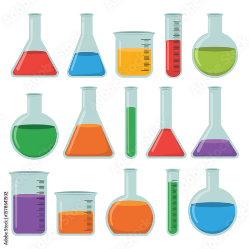 Collection of colorful chemical laboratory glassware filled with liquids