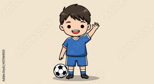 Cute Cartoon Boy Soccer Player Waving Hello with a Football
