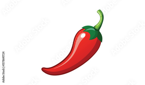 Vibrant red chili pepper with green stem and leaves against white background