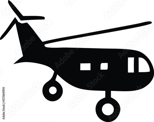 Simple black silhouette of a helicopter with a rotor and landing gear against a white background