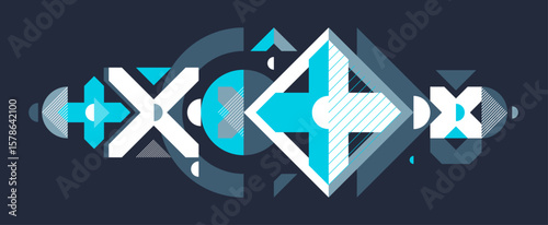 Abstract geometric vector background, Memphis style wallpaper design over dark, trendy retro art, modern style design.