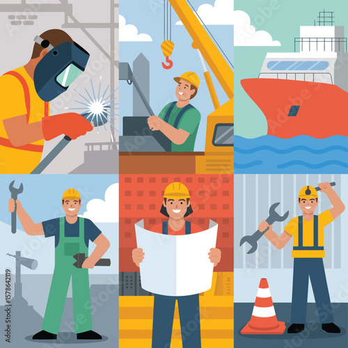 Diverse construction workers and industrial scenes with a ship and crane