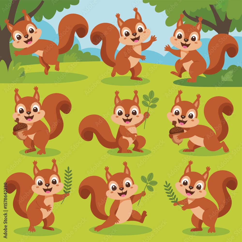 Obraz premium Cute cartoon squirrels in various poses holding acorns and leaves outdoors