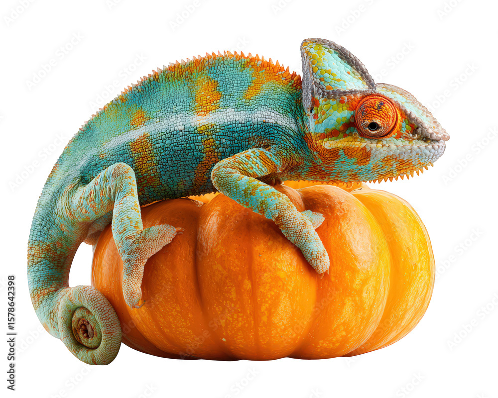 Obraz premium Chameleon pumpkin orange green reptile animal camouflage autumn isolated vibrant unique creative festive nature texture closeup exotic pet wildlife seasonal Halloween colorful detailed macro