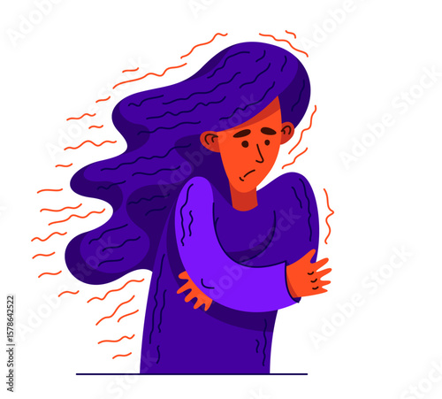 Young woman having a psychological problem of stress or anxiety, vector illustration of stressed girl having mental disorder or tired, headache flat style drawing.