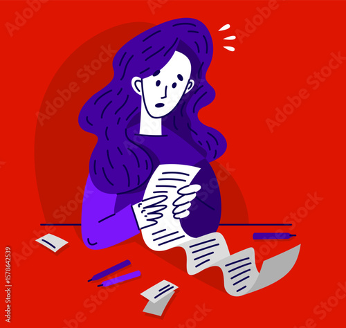 Young woman in trouble have a very long list to do, vector illustration of a stressed girl with long checklist, may be used as a long bill or check.