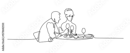 Birthday party continuous one line vector drawing. Woman and guests sitting at table drink wine  toast.