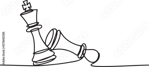  one line drawing of chess game with white pawn beside fallen black king on horizontal baseline