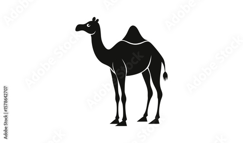 Stylized black silhouette of a camel standing against a white background