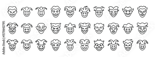 Creepy clown and jester face icon set. Vector pictograms of scary clowns, evil jesters, horror masks, Halloween characters, thin linear illustration.