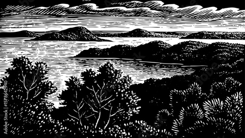 Lake Victoria, Africa’s largest lake with island clusters and wildlife, portrayed in detailed black and white line art illustration for educational, natural, and cartographic visual designs