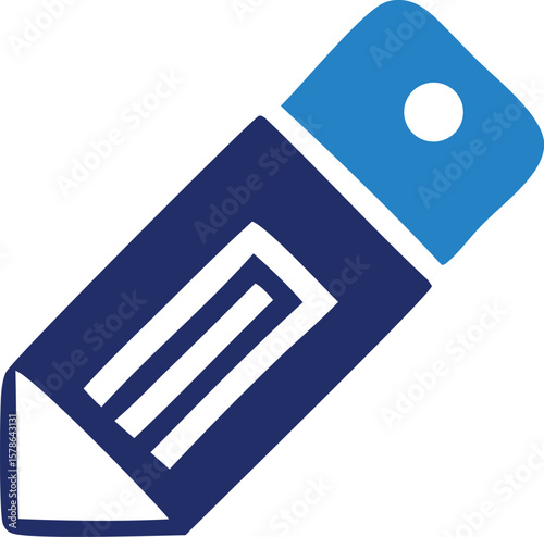 A stylized minimalist icon of a pencil with a blue eraser and a white tip on a white background representing writing or editing