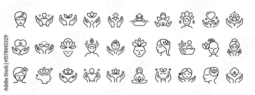 Spa and wellness line icon set. Vector pictograms of lotus flowers, female faces, candles, meditation poses, beauty and relaxation symbols, thin linear illustration.