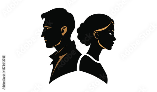 Silhouette profiles of a man and woman facing away from each other in disagreement