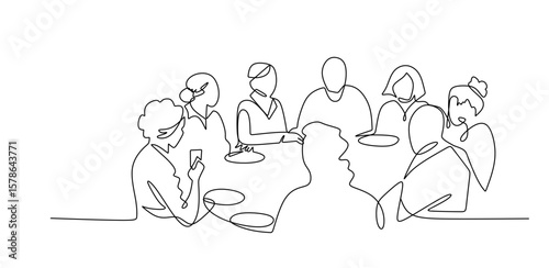 Birthday party continuous one line vector drawing. Woman and guests sitting at table drink wine  toast.