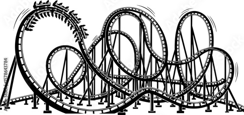 roller coaster with loops and turns, black and white, line art style, detailed illustration,