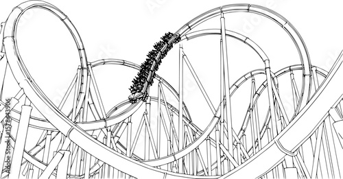 roller coaster with loops and turns, black and white, line art style, detailed illustration,