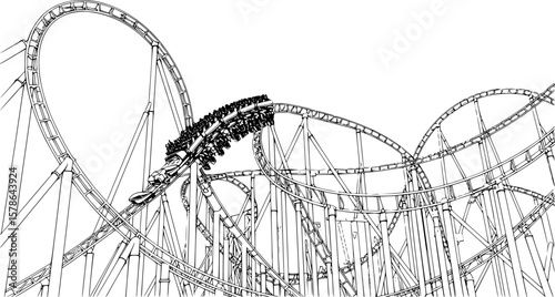 roller coaster with loops and turns, black and white, line art style, detailed illustration,