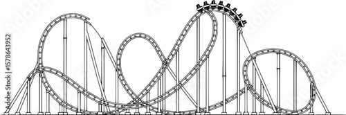 roller coaster with loops and turns, black and white, line art style, detailed illustration,
