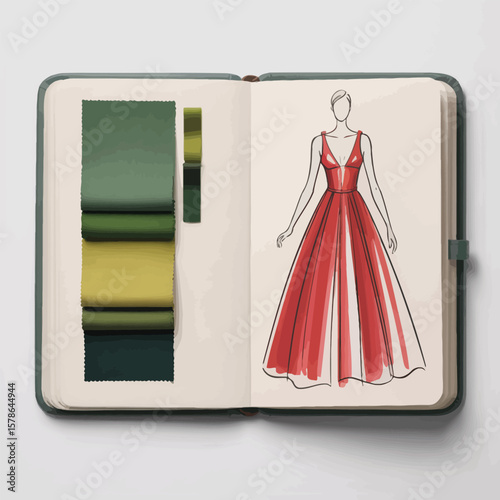 Open pale gray fashion sketchbook displaying red dress sketch and various shades of green and yellow fabric swatches