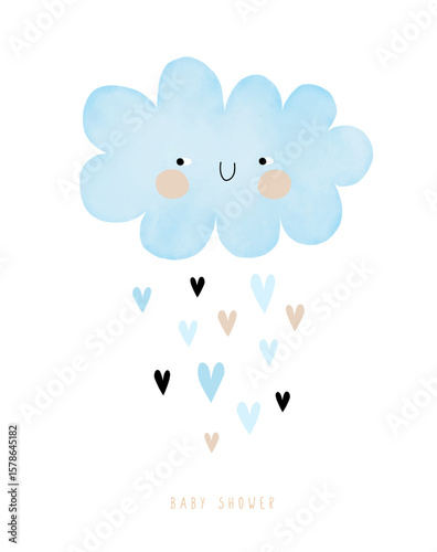 Fluffy Smiling Cloud And Rain Of Hearts on a White Background. Simple Nursery Art. Cute Simple Baby Shower Vector Card For Baby Boy. Pastel Blue Cloud With Tiny Hearts. 