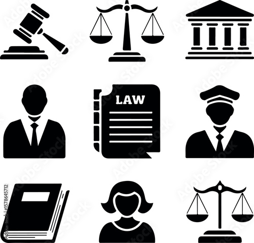 Law Icons Collection Justice Court Legal Symbols Vector.  Black Legal Icons Judge Lawyer Law Book Gavel Scales. Legal System Icon Pack Lawyer Court Scale of Justice. Courtroom Icons Set Law Book Gown 