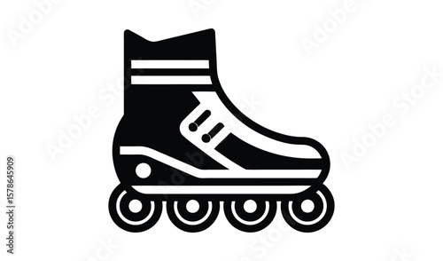 Black and white graphic icon of a roller skate with four wheels