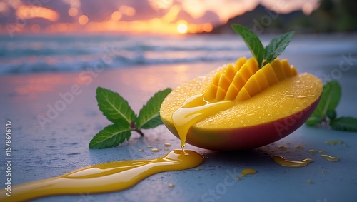 Ripe Mango Slice with Drips on Beach at Sunset
