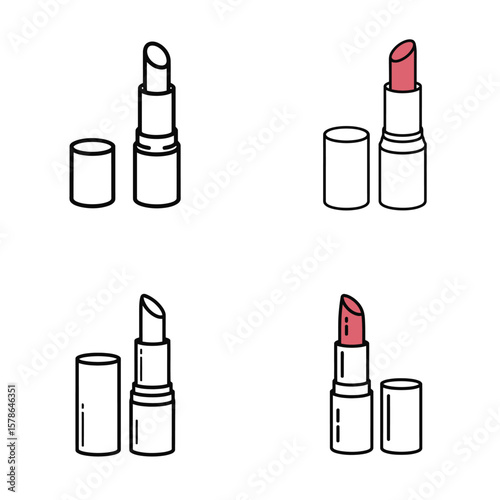 Four Line Art Illustrations of Lipstick Tubes with Caps Some Open Some Closed Featuring Pink and Red Shades on White Background