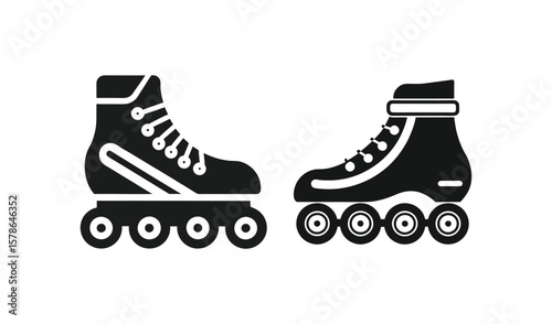 Pair of black silhouette roller skates with white accents on a white background