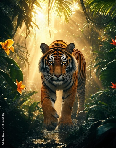 A majestic Bengal tiger prowls through a lush jungle, sunlight filtering through the dense foliage, creating a dramatic wildlife scene.