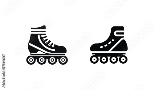 Two black silhouette icons of roller skates on a white background