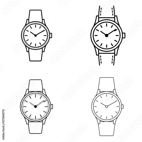 Four Black Outline Wristwatch Illustrations Simple Elegant Timepiece Designs Minimalist Watch Faces Strap Details Pack 15